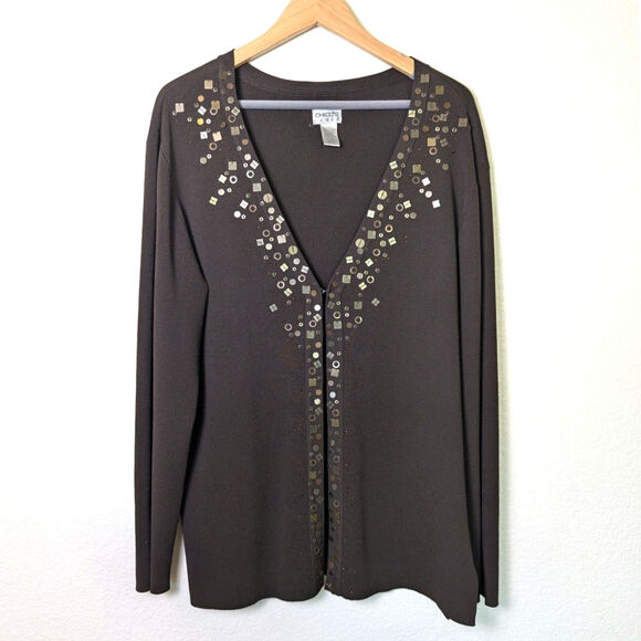 Chico's Metal Bead Detail Brown Knit Open Cardigan Women Size 3 XL Office Artsy - Picture 1 of 9